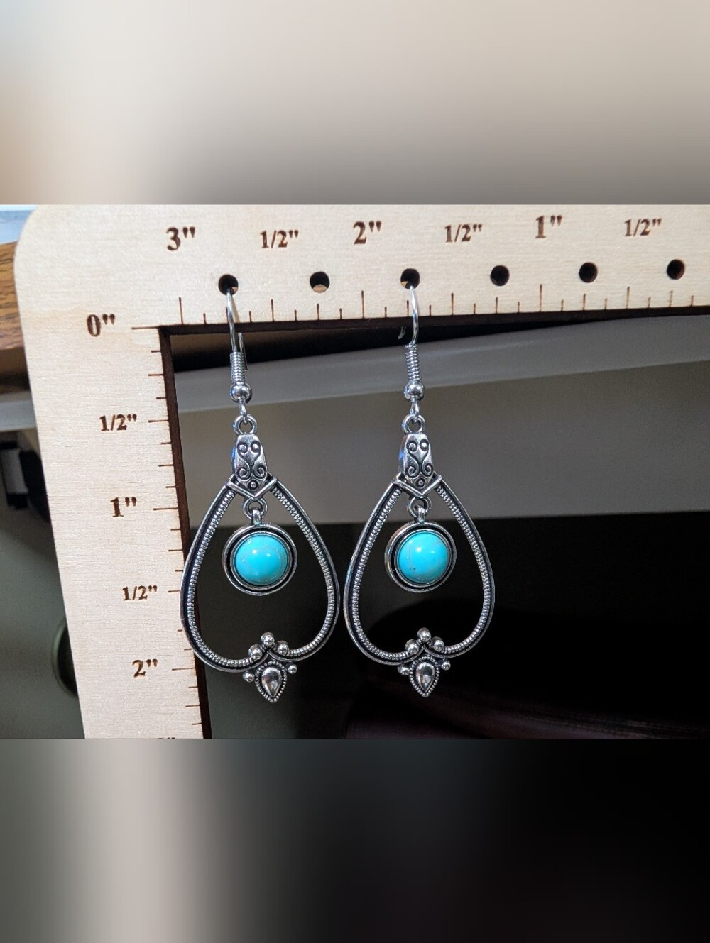 Silver-Tone Teardrop Dangle Earrings with Turquoise Accent